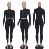 Fall Sexy Black Sports Zip Fitted Blouse And Matching Pants Two Piece Set