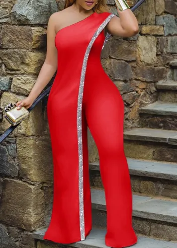 Autumn Red Formal One Shoulder Sequin Elegant Jumpsuit