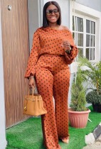 Conjunto de duas peças de calça e blusa laranja outono elegante com estampa polca