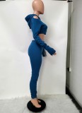 Winter Blue Cut Out Shoulder Hooded Crop Top and Stacked Pants 2 Piece Sweatsuit
