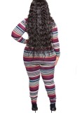 Winter Print Striped Tight Top and Pants Plus Size Two Piece Set