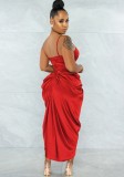 Autumn Red Satin Irregular Ruched Strap Sexy Party Dress