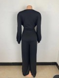Winter Black V-Neck Wrap Long Sleeve Wide Legges Plus Size Jumpsuit