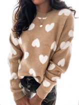 Jersey de manga larga regular con cuello redondo y estampado de corazón caqui de invierno