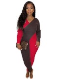 Winter Brown and Red Knitting V-Neck Wrap Jumpsuit