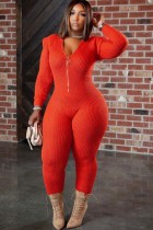 Winter Red Knitting Front Zipper Bodycon Jumpsuit