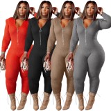 Winter Red Knitting Front Zipper Bodycon Jumpsuit