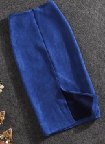 Winterblauwe velours kokerrok met split aan de achterkant en hoge taille