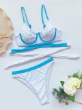 White and Blue Contrast Two Piece Push Up Strap Swimwear