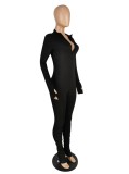 Winter Black Front Zipped Tight Stack Jumpsuit