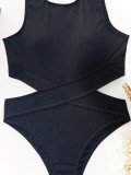 Black One Piece Cut Out Sleeveless O-Neck Swimwear