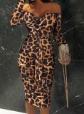 Winter Brown Leopard Print Party Sweetheart Long Sleeve Midi Dress
