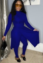 Winter Blue Casual Knitting Side Slit Long Top und Tight Pants Zweiteiliges Set