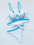 White and Blue Contrast Two Piece Push Up Strap Swimwear