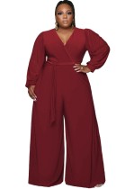 Winter Red V-Neck Wrap Long Sleeve Wide Legges Plus Size Jumpsuit