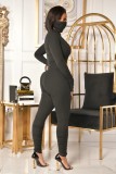 Winter Black Front Zipped Tight Stack Jumpsuit