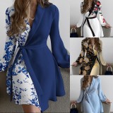Autumn Blue V-Neck Wrap Elegant Cocktail Dress