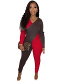 Winter Brown and Red Knitting V-Neck Wrap Jumpsuit