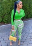 Autumn Green Tight Zipper Crop Top and Print Tights Legging Two Piece Set