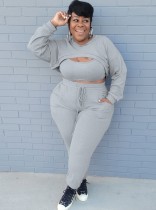 Winter Grey Three Piece Knit Crop Top and Pants Plus Size Set