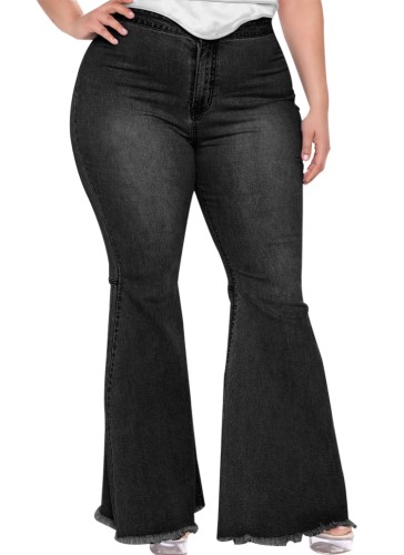 Зимние черные расклешенные джинсы больших размеров с высокой талией и бахромой