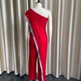 Autumn Red Formal One Shoulder Sequin Elegant Jumpsuit