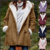 Winter Khaki Fleece Hooded Long Sleeves Long Jacket