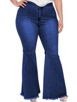 Jeans inverno azul escuro plus size cintura alta com franja inferior de sino