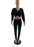 Winter Black Wrapped Crop Top and Stacked Pants Two Piece Set