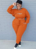 Winter Orange Three Piece Knit Crop Top and Pants Plus Size Set