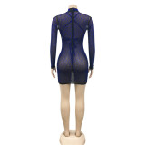 Fall Sexy Blue Rhinestone Beaded See Through Long Sleeve Club Dress With Sequins Bra