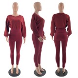 Winter Burgunry Knitting Top and Pants Casual Two Piece Set