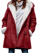 冬の赤いフリースフード付き長袖ロングジャケット