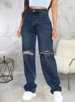 Jeans holgados de cintura alta con rotos azules de invierno