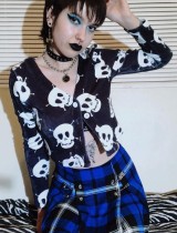 Autumn Black Skull Print V-Neck Button Up Knit Crop Top