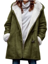 冬のグリーンフリースフード付き長袖ロングジャケット