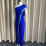 Autumn Blue Formal One Shoulder Sequin Elegant Jumpsuit