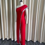Autumn Red Formal One Shoulder Sequin Elegant Jumpsuit