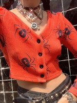 Autumn Orange Spider Print V-Neck Button Up Knit Crop Top