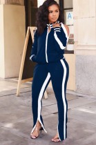 Fall Casual Blue Stripes Slit Zipper Jacket and Pants Two Piece Tracksuit