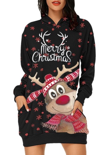 Kış Siyah Santa Carvinal Baskılı Kapüşonlular Noel Elbisesi
