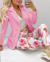 Winter Floral Print Professional Blazer and Pants Two Piece Set