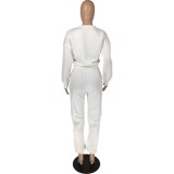 Winter White Print Crew Neck Top and Pants Two Piece Sweatsuit