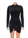 Winter Black Velvet Turtleneck Long Sleeve Wrap Party Dress