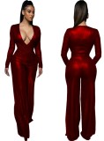 Winter Red Metallic Formal V-Neck Long Sleeve Elegant Jumpsuit