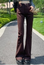 Зимние коричневые расклешенные джинсы с высокой талией