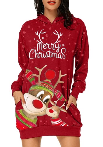 Winter Red Santa Carvinal Print Hoodies Christmas Dress
