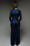 Winter Blue Metallic Formal V-Neck Long Sleeve Elegant Jumpsuit