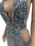 Autumn Silver Sequin Deep-V Backless Sexy Halter Mini Club Dress