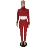 Winter Red Knit Turtleneck Crop Top and Pants Two Piece Set